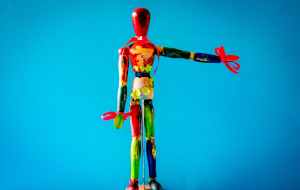 red and multicolored figure